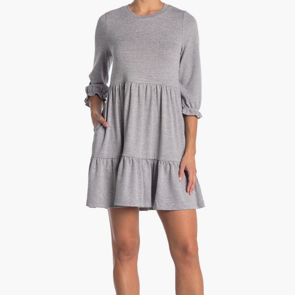 Melloday Medium Crew Neck 3/4 Sleeve Babydoll Dress in Heather Gray